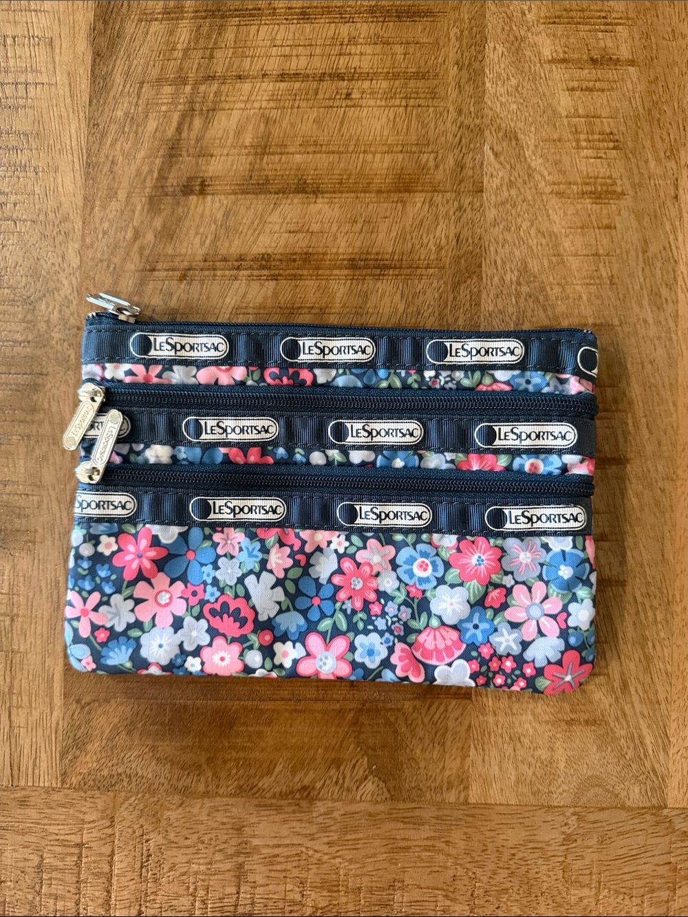 LeSportsac Navy Floral Triple-Zip Pouch with Pink & Blue Flowers